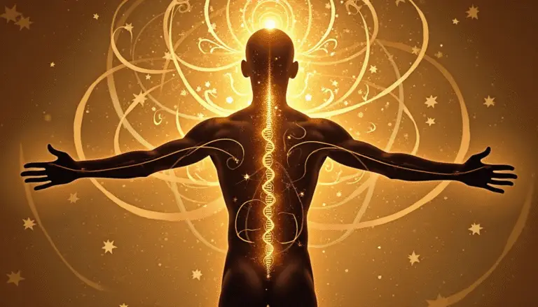 Cinematic sepia scene of light filaments extending from the human spine into a golden sky.