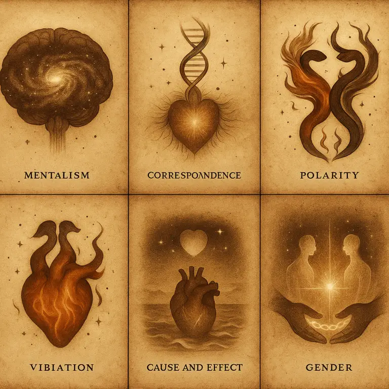 Six symbolic panels illustrating the Hermetic principles through nature and anatomy.