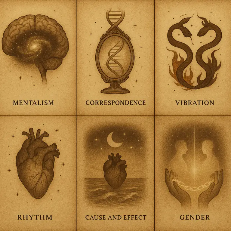 Six Hermetic scenes rendered in golden sepia tones.