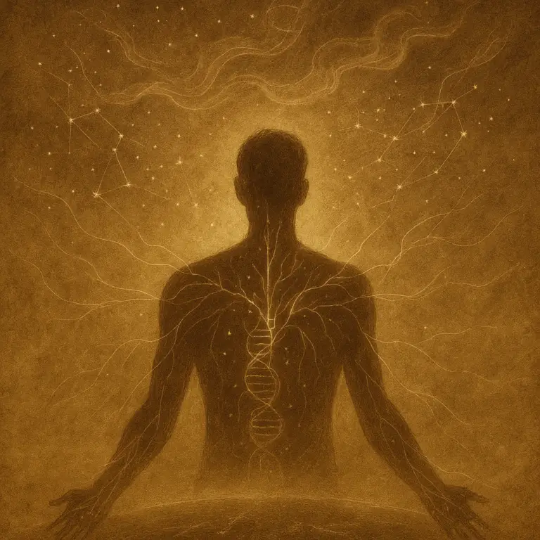 Sepia artwork of a human silhouette with golden threads radiating into a cosmic neural network.