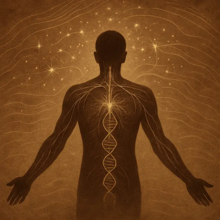 Sepia silhouette surrounded by luminous threads and shimmering constellations, earth glowing beneath.