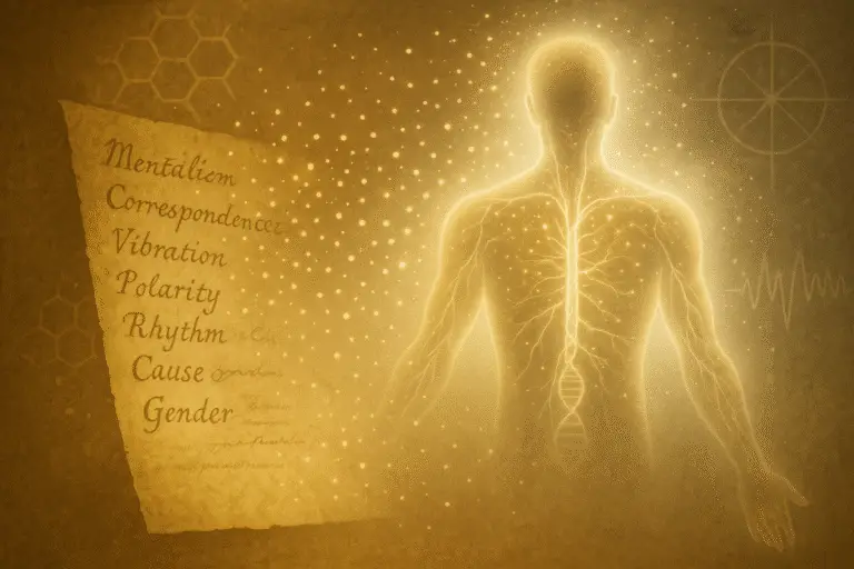 Illustration of a parchment dissolving into a human figure glowing with golden light.