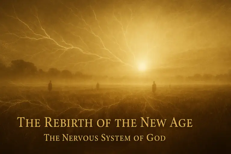 A golden sun rises over a sepia field alive with neural light patterns, symbolizing the awakening flesh of God.