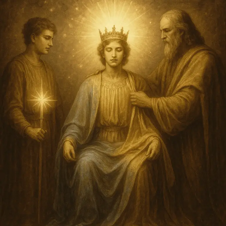 Sepia-gold digital painting of a coronation scene in a luminous astral hall. Smeet stands crowned in blue-gold light, Samuel holds a sword and star beside him, and Oron Kael receives the mantle of High Priest. The composition glows with sacred warmth and mythic radiance.
