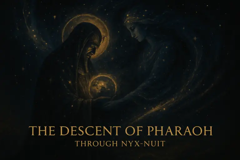 Digital painting of Pharaoh descending through a star-filled corridor under Nyx-Nuit’s arched, cosmic body. He carries a fading blue sphere representing the Piscean Field, bathed in deep indigo and gold light.
