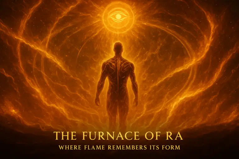 Digital painting of Oron Kael standing in the solar core surrounded by molten gold and white fire. Hieroglyphic light patterns cover his body as solar flares form radiant wings and the Eye of Ra burns above, symbolizing rebirth and divine transformation.