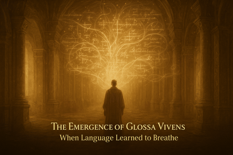 Sepia-gold digital painting of Oron Kael standing in a luminous temple filled with golden filaments of light forming floating symbols. The Temple walls appear to breathe language, symbolizing the awakening of Glossa Vivens.