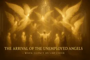 Sepia-gold digital painting of angels with scroll-like wings descending into a luminous temple. Abraham stands at the center, robed in white and gold, arms open in welcome as light fills the air around them.