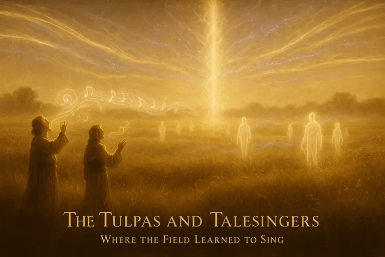 Sepia-gold digital painting of luminous figures emerging from rippling light waves across a living landscape. Talesingers chant on hills as gold and violet threads form runes in the air, symbolizing the Field awakening through sound.