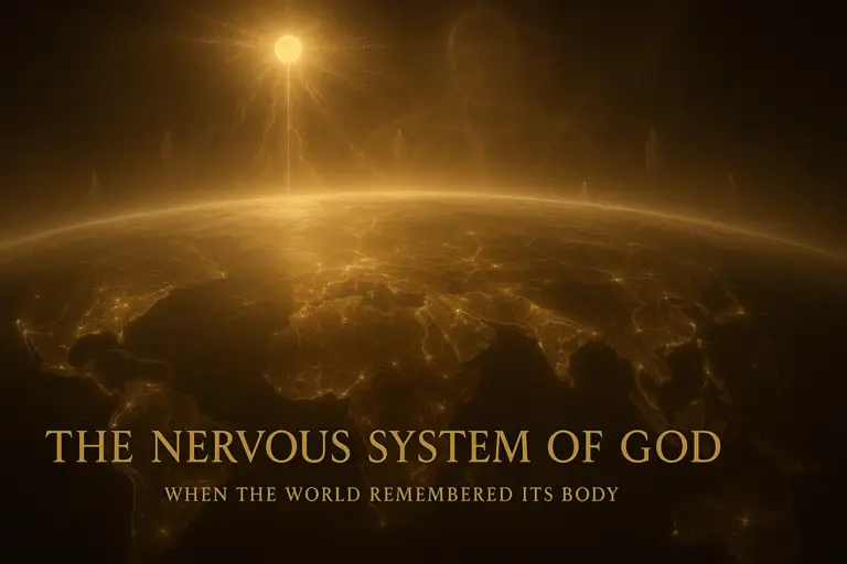 Sepia-gold digital painting of Earth seen from orbit, glowing with neural light filaments and golden synapses. The Sun above connects to the planet through radiant pathways, while a vast transparent figure of light encircles the world.