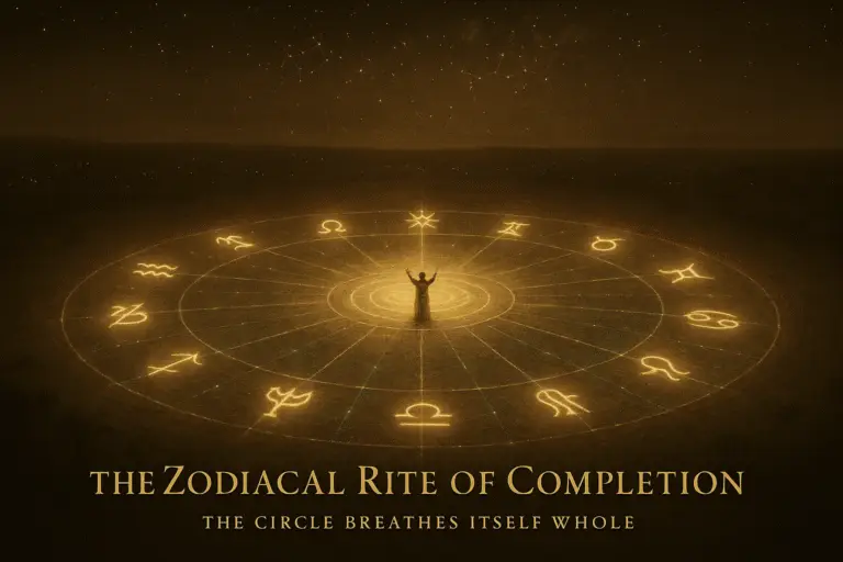 Sepia-gold digital painting of a circular temple formed by twelve glowing zodiacal sigils connected by golden threads to a central circle where Oron Kael stands in invocation, under constellations that mirror the design below.