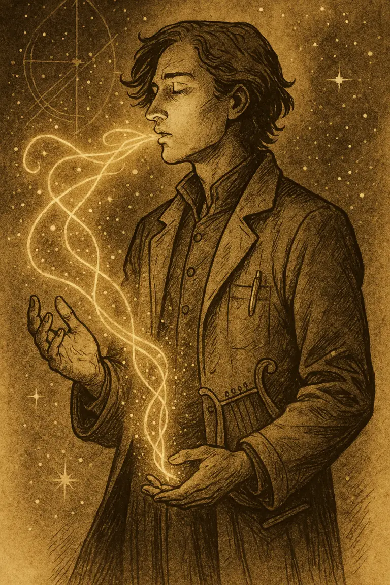 Sepia-toned illustration of the Talesinger, an androgynous mythic figure in half-shadow, releasing golden threads of sound and light into a star-filled background — symbolising the meeting of science and myth.