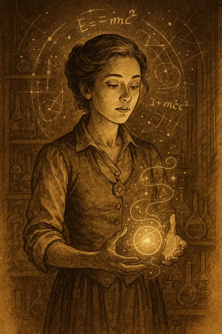 Sepia-toned illustration of a woman scientist in a softly lit observatory, holding a glowing golden orb between her palms. Celestial diagrams and equations radiate around her, merging science and mysticism.