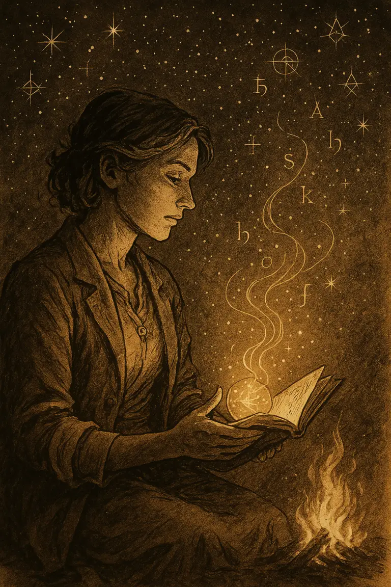 Sepia-toned illustration of a woman sitting by a small fire beneath a starlit sky, reading from an open book glowing with golden light. Letters and symbols drift upward to form constellations, blending writing and cosmos.