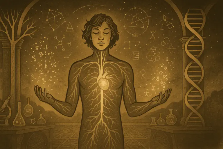 Sepia-gold illustration of an androgynous mythic figure standing in a cosmic temple made of neurons and DNA strands. Their transparent body reveals glowing golden nerves, with light streaming from their heart and hands into constellations of letters and molecules. The atmosphere merges science and mysticism — the human body as both laboratory and altar.