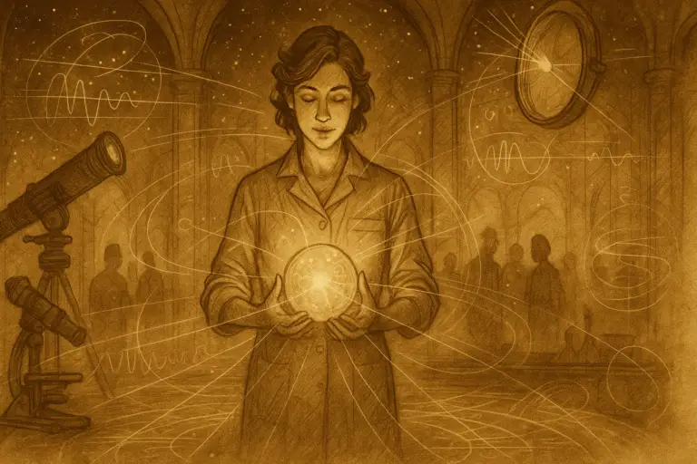 Sepia-gold illustration of a woman scientist standing in a luminous observatory-laboratory that blends science and mysticism. She holds a glowing sphere or atom between her hands, surrounded by floating instruments and golden light threads responding to her gaze. The atmosphere evokes devotion disguised as discovery — the light itself aware and listening.