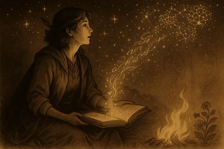 Sepia-gold illustration of a mythic woman storyteller seated between a hearth and the stars, holding a glowing book from which golden words and symbols rise into the night sky, transforming into constellations and neural networks of light. The image fuses biology, cosmos, and storytelling — every word reshaping both sky and body.