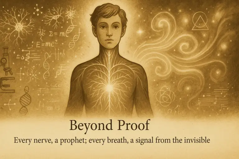 Sepia-gold illustration of an androgynous figure standing between science and spirit — one side filled with telescopes, microscopes, and glowing neural diagrams, the other side with ethereal light, calligraphic breath, and sacred geometry. The figure’s body radiates golden neural pathways and a glowing vagus nerve from head to heart, symbolizing the unity of measurement and mystery.