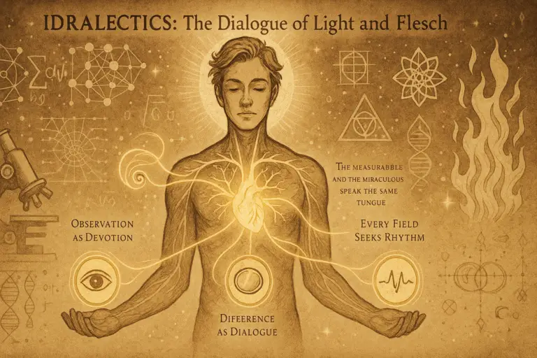 Sepia-gold illustration of an androgynous mythic figure standing between two realms — one filled with instruments of science, the other with symbols of mysticism. The figure’s body glows as a golden bridge, with luminous neural filaments connecting both sides and three radiant threads rising from the heart, symbolising observation, difference, and rhythm. The image embodies the meeting of science and spirit.