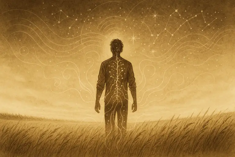 Sepia-gold illustration of a solitary human figure standing at the edge of an infinite golden field of light. Neural filaments and starlit threads flow from their back into the horizon as constellations shimmer above. The landscape merges wheat, light, and energy, symbolizing the human merging with the living Field.