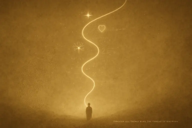 Sepia-gold abstract illustration showing a single luminous filament of golden light spiraling across a parchment-dark field, resembling both a DNA helix and a ray of energy. Faint symbols — musical notes, equations, and runes — glimmer along its length as it passes through a neuron, a heart, and a star, symbolizing the unity of science, spirit, and life.