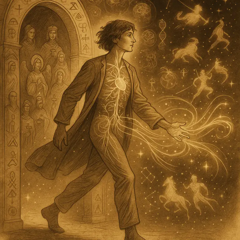 Sepia-toned illustration of a mythic figure walking through a glowing doorway, leaving behind static gods as golden energy threads form constellations ahead, representing belief transforming into participation.
