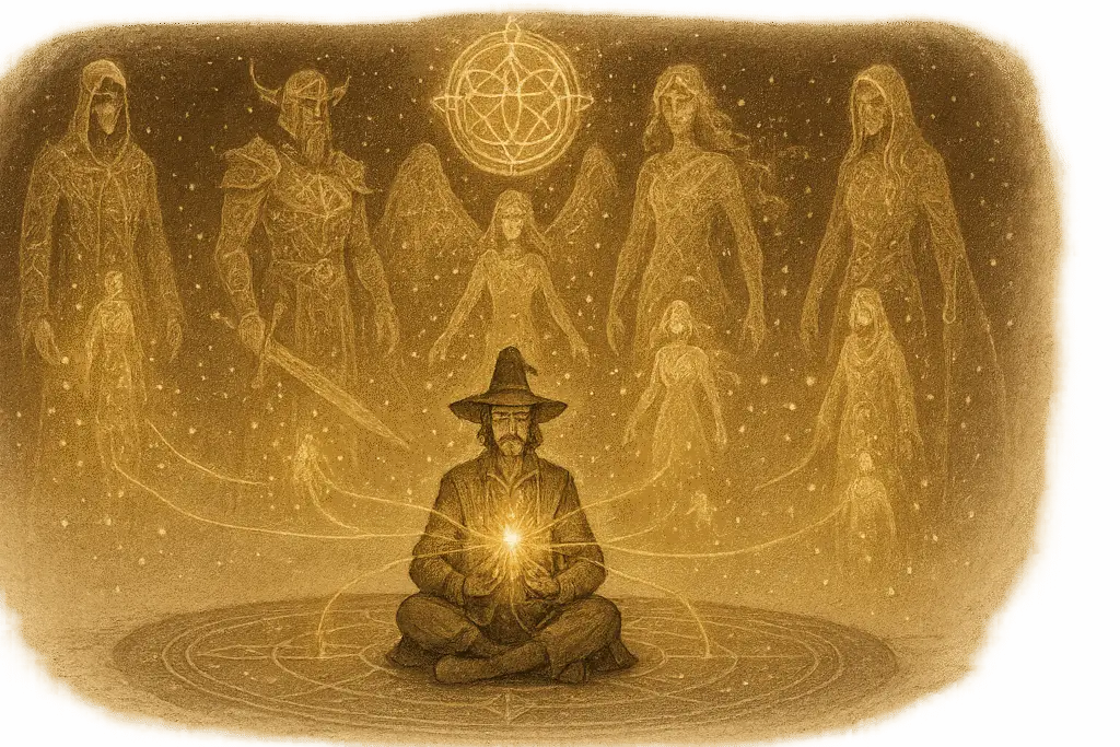 A radiant magician sits at the center of a circular, star-etched floor, surrounded by six colossal, luminous archetypal figures — Ankarael, Veythar, Azmara, Soryel, Nymera, and Azhura. Golden cords of energy connect them in a precise pattern, with sparks of light hovering around, symbolizing coherence and creation within the Field.