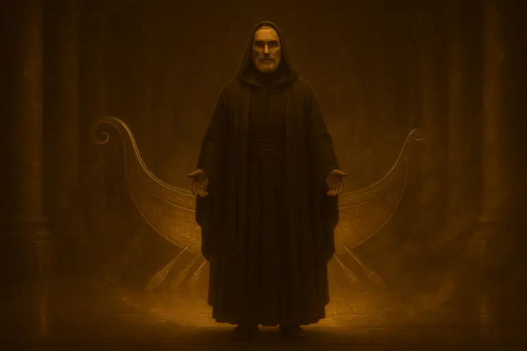 Sepia-toned cinematic still of a robed High Priest standing in the Great Hall of the Astral Temple, facing the viewer before the golden Barque of Ra. Radiant light spills across marble floors as incense and gold dust drift through the air.