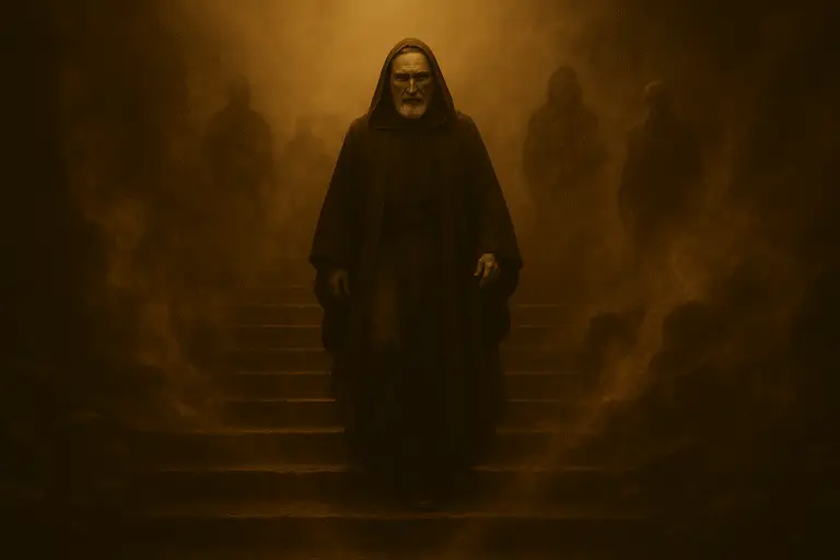 Sepia-toned cinematic image of a robed High Priest descending a black stone staircase through amber fog. Glowing dust rises like embers from each step as shadowy echoes of his former self shimmer and fade in the mist