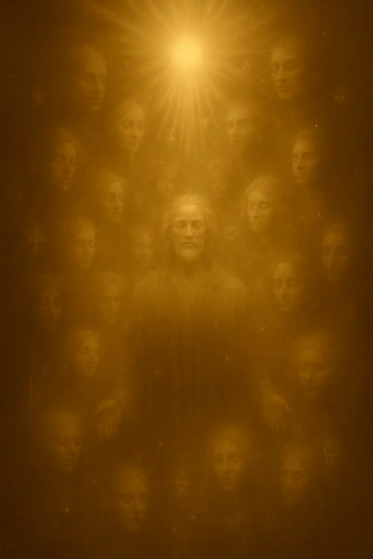 Translucent faces emerge from golden mist, connected by threads of light to a radiant source above in a sepia-gold cinematic scene representing spiritual awakening and unity.
