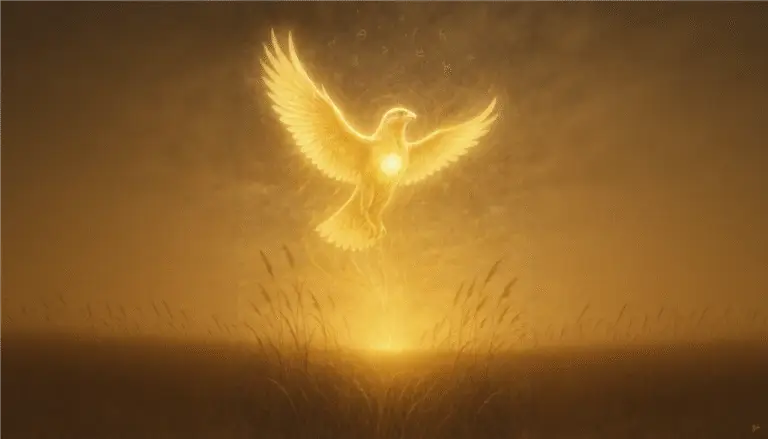 Luminous golden falcon rising from a sepia field glowing with threads of living energy.