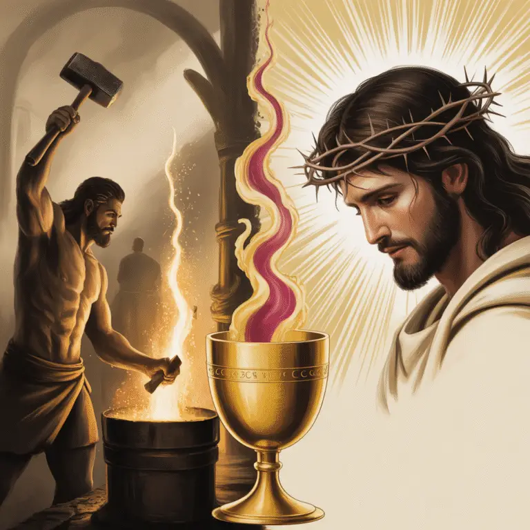 A sepia-gold illustration showing a muscular blacksmith forging in a glowing furnace beside a radiant figure with a crown of thorns. Between them, a golden chalice rises, filled with spiraling red and gold light, symbolizing the union of fire and spirit.