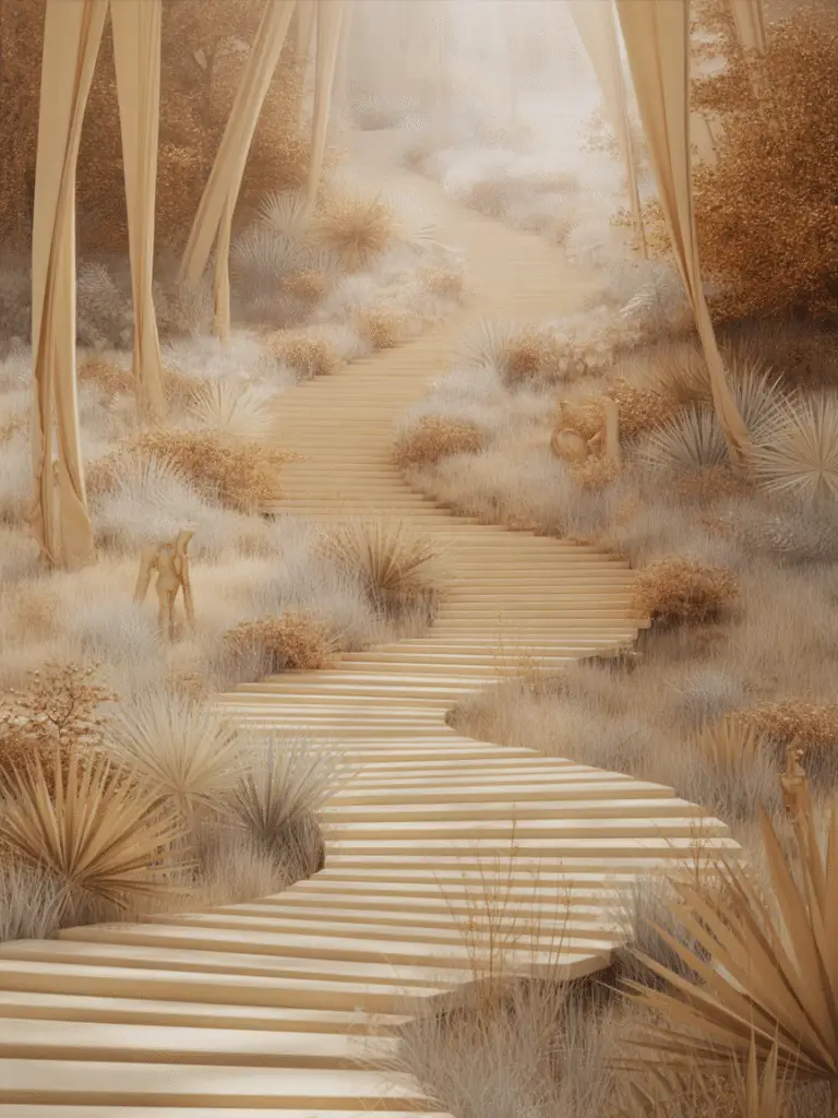 A golden-sepia landscape showing a winding wooden path ascending through soft desert foliage and tall draped trees, bathed in gentle light. The scene evokes sacred journey and transformation.
