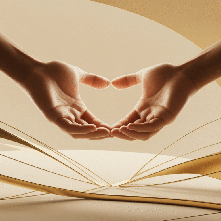 Two open hands form a soft, heart-like shape above golden folds of fabric. The image glows in warm sepia light, symbolizing offering, compassion, and sacred exchange.