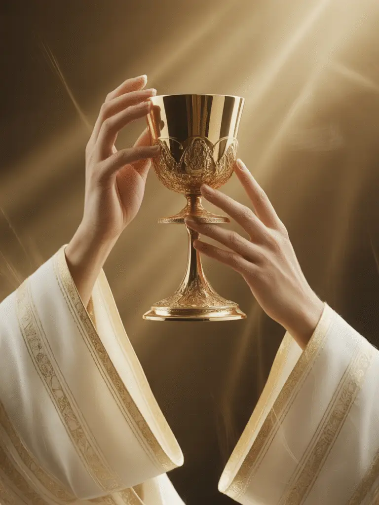 A pair of robed hands raising a golden chalice into radiant light, symbolizing sacred offering, divine union, and the act of drinking from the chalice of transformation.