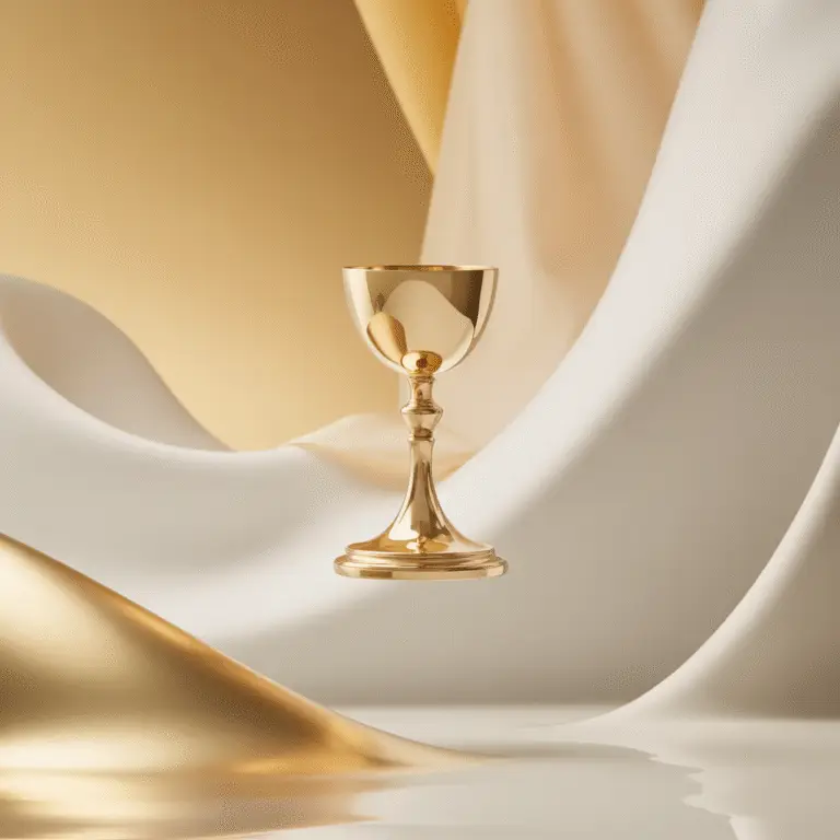 A golden chalice standing in soft folds of white and gold fabric, illuminated by warm light, symbolizing purity, offering, and divine union.