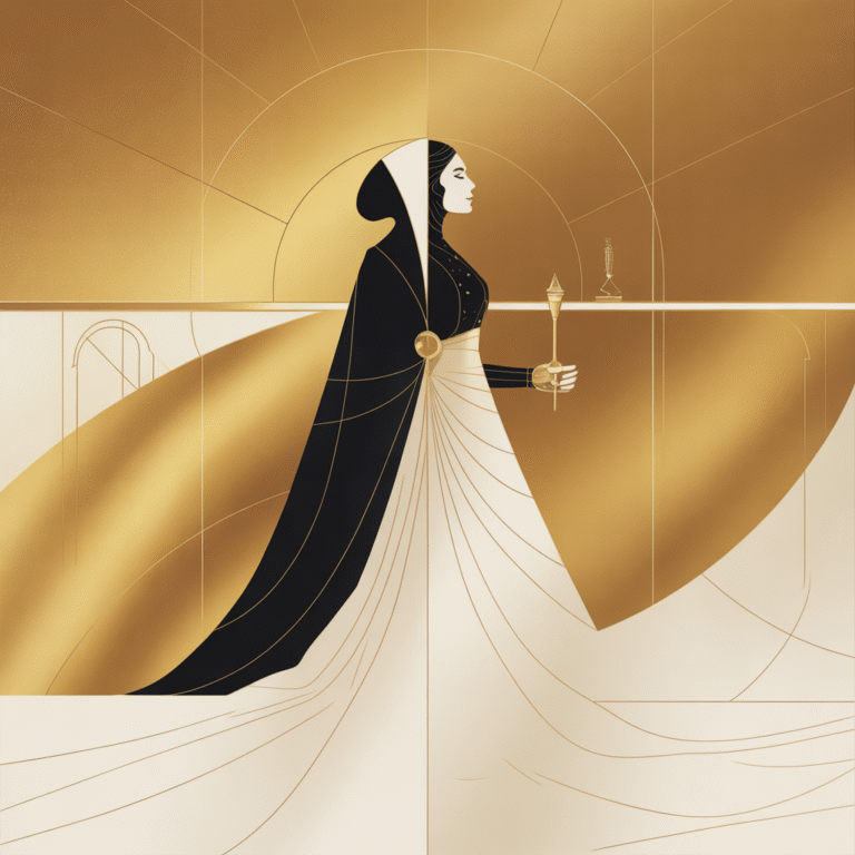 Stylized gold and ivory artwork of an alchemist in a flowing robe, holding a torch within an arched hall of light, symbolizing wisdom, transformation, and divine craftsmanship.