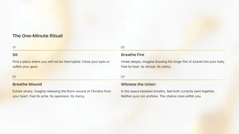 Minimalist golden-white layout describing a four-step ritual titled “The One-Minute Ritual,” guiding the practitioner through sitting, breathing fire and wound, and witnessing union — a symbolic merging of Azazel and Christos energies.