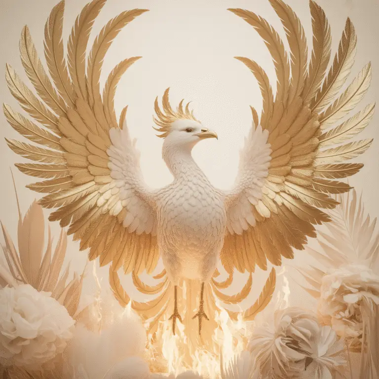 A majestic white and gold phoenix rising from flames surrounded by soft ivory flowers, symbolizing rebirth, purification, and divine illumination.
