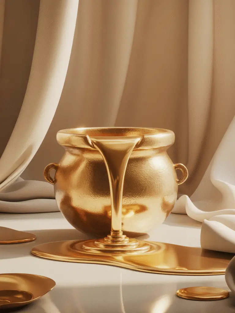 A golden vessel overflowing with molten gold, spilling gracefully onto a reflective surface surrounded by soft ivory fabric, symbolizing abundance, alchemy, and sacred transformation.