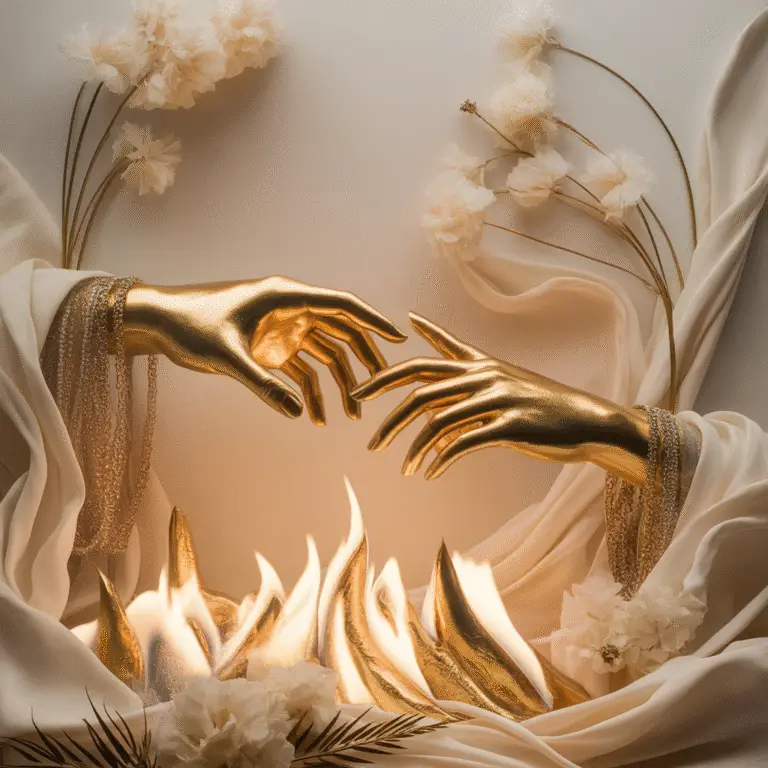 Two golden hands reaching toward each other above soft white flames, surrounded by white flowers and flowing fabric, symbolizing divine connection and transformation.