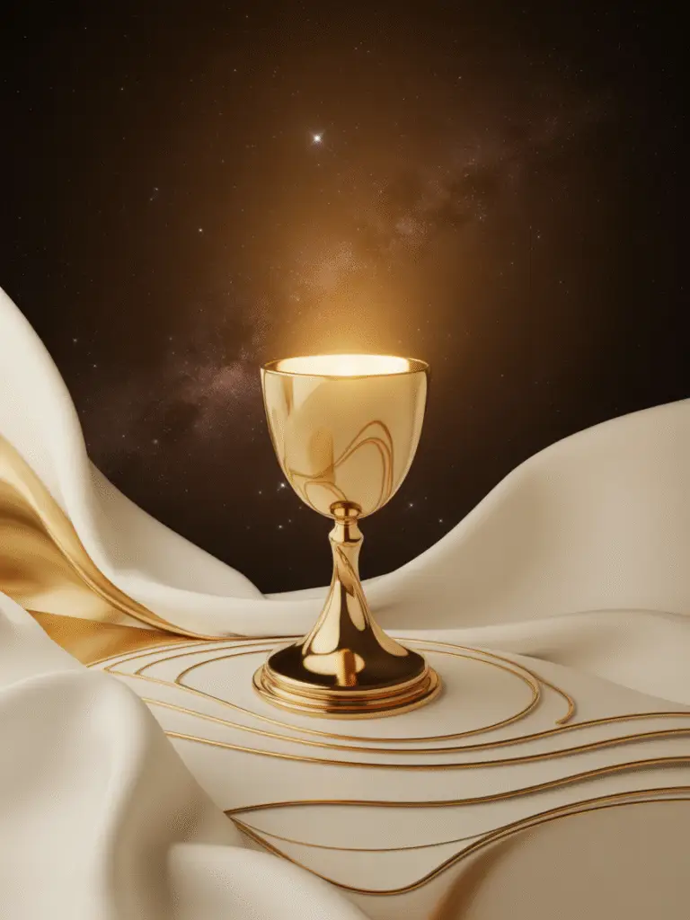 A luminous golden chalice resting on white and gold fabric beneath a star-filled sky. The chalice glows softly, symbolizing divine union, cosmic offering, and the completion of the ritual path.