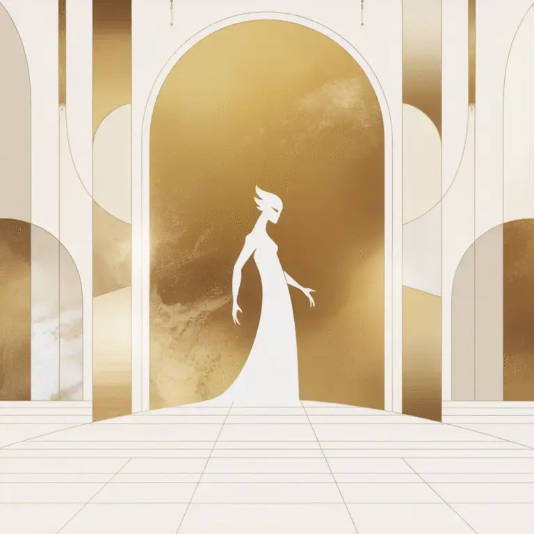 Minimalist gold and ivory illustration of a graceful, radiant figure standing in an arched hall of light, symbolizing Azazel’s emergence within the golden temple of transformation.
