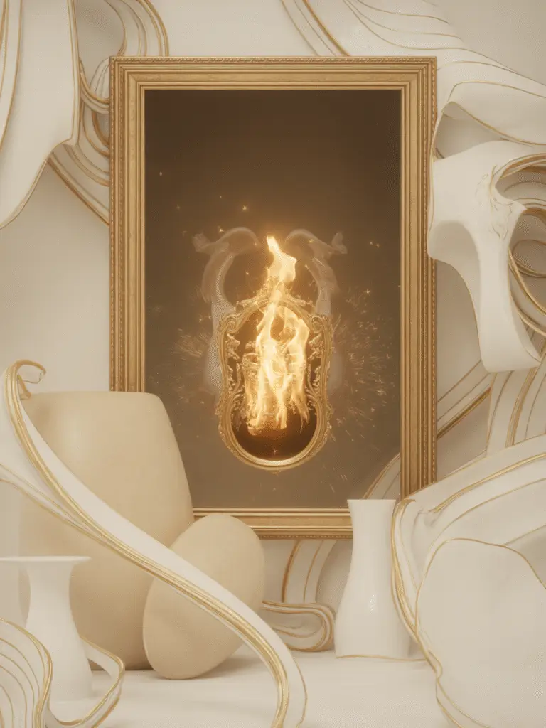 A golden ornate frame containing a central flame shaped like a chalice, surrounded by soft ivory and gold sculptural forms, symbolizing the fire of transformation held within sacred form.