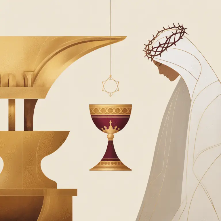 Minimalist sepia-gold illustration depicting a radiant figure in white robes crowned with thorns, bowing toward a golden and crimson chalice suspended between sacred architecture and light.
